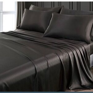 Pothuiny Black Satin Polyester Duvet Sheet 4‎ Pillow Cases Full Double Bed  Goth